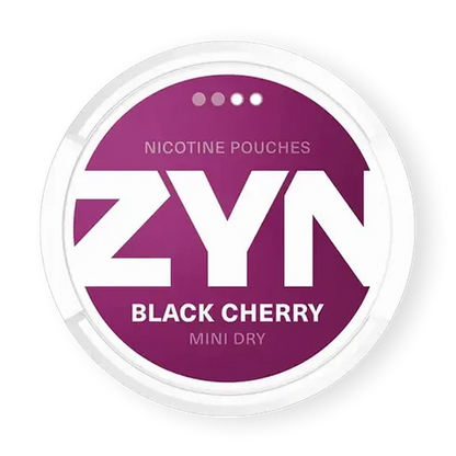 ZYN Black Cherry Mini S2 nicotine pouch can. Black and white design, all white mini pouch with sweet black cherry flavor. Discreet and fruity.