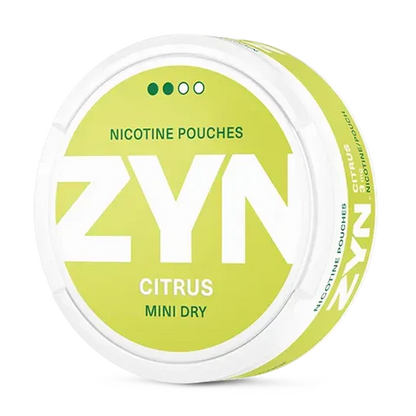 ZYN Citrus Mini Dry nicotine pouch can. Yellow and white design, all white mini pouch with dry citrus flavor. Discreet and zesty.
