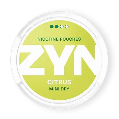 ZYN Citrus Mini Dry nicotine pouch can. Yellow and white design, all white mini pouch with dry citrus flavor. Discreet and zesty.