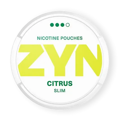 ZYN Citrus Slim nicotine pouch can. Yellow and white design, all white slim pouch with citrus flavor. Fresh and zesty.