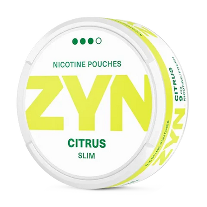 ZYN Citrus Slim nicotine pouch can. Yellow and white design, all white slim pouch with citrus flavor. Fresh and zesty.