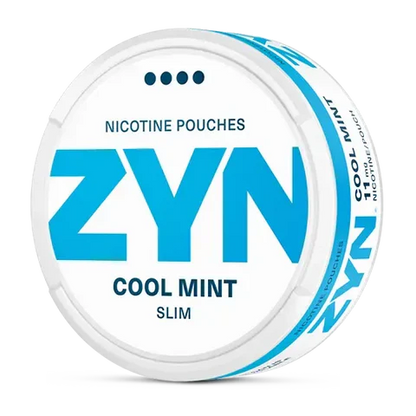 ZYN Cool Mint Slim nicotine pouch can. Blue and white design, all white slim pouch with cool mint flavor. Fresh and crisp.