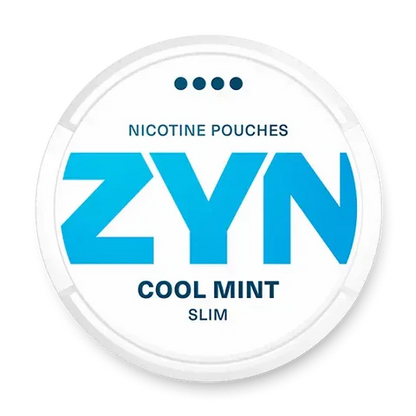 ZYN Cool Mint Slim nicotine pouch can. Blue and white design, all white slim pouch with cool mint flavor. Fresh and crisp.
