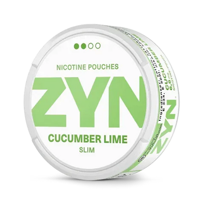 ZYN Cucumber Lime Slim nicotine pouch can. Green and white design, all white slim pouch with cucumber and lime flavor. Fresh and unique.