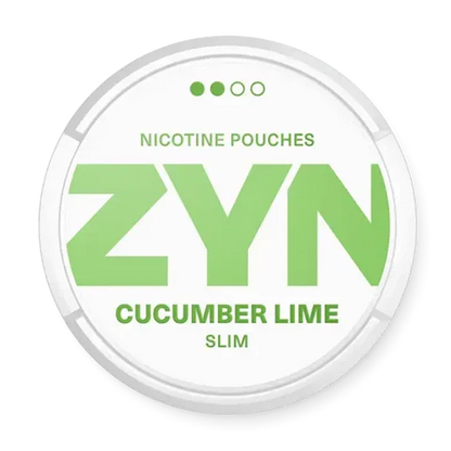 ZYN Cucumber Lime Slim nicotine pouch can. Green and white design, all white slim pouch with cucumber and lime flavor. Fresh and unique.