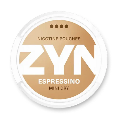 ZYN Coffee Mini S4 nicotine pouch can. Brown and white design, all white mini pouch with strong coffee flavor. Discreet and energizing.
