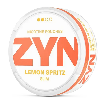 ZYN Lemon Spritz nicotine pouch can. Yellow and white design, all white slim pouch with zesty lemon spritz flavor. Fresh and lively.