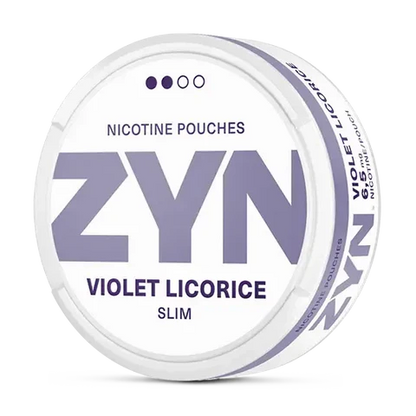 ZYN Violet Licorice Slim nicotine pouch can. Purple and white design, all white slim pouch with violet and licorice flavor. Unique and aromatic.