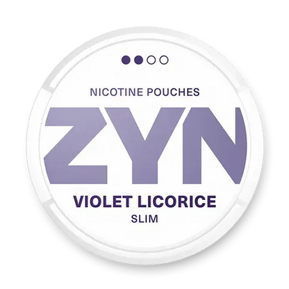 ZYN Violet Licorice Slim nicotine pouch can. Purple and white design, all white slim pouch with violet and licorice flavor. Unique and aromatic.