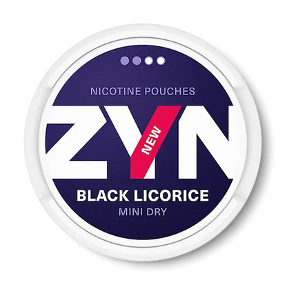 Close-up of ZYN Black Licorice Mini all white nicotine pouch can. Mini format, black licorice taste, small and stylish packaging.