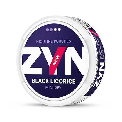 Close-up of ZYN Black Licorice Mini all white nicotine pouch can. Mini format, black licorice taste, small and stylish packaging.