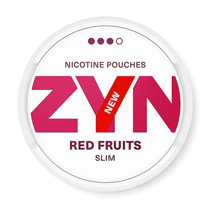 ZYN Red Fruits nicotine pouch can. Red and white design, all white slim pouch with mixed red fruit flavor. Fruity and vibrant.