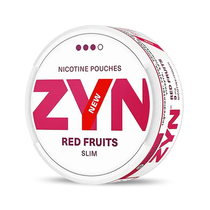 ZYN Red Fruits nicotine pouch can. Red and white design, all white slim pouch with mixed red fruit flavor. Fruity and vibrant.