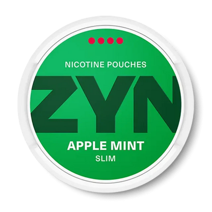 ZYN Apple Mint nicotine pouch can. Green and white design, all white slim pouch with apple and mint flavor. Fresh and fruity.