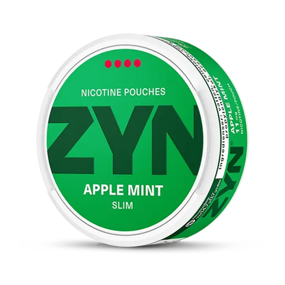 ZYN Apple Mint nicotine pouch can. Green and white design, all white slim pouch with apple and mint flavor. Fresh and fruity.