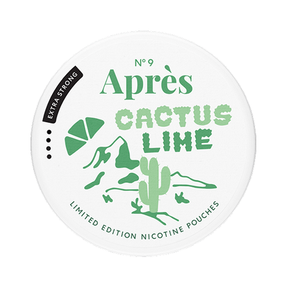 Close-up of Après Cactus Lime Extra Strong all white nicotine pouch can. Slim format, cactus lime taste, high nicotine strength.
