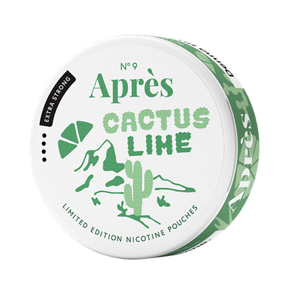 Close-up of Après Cactus Lime Extra Strong all white nicotine pouch can. Slim format, cactus lime taste, high nicotine strength.
