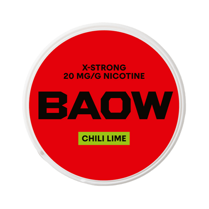 Close-up of BAOW Chili Lime all white nicotine pouch can. Slim format, chili lime taste, colorful modern packaging.