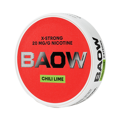Close-up of BAOW Chili Lime all white nicotine pouch can. Slim format, chili lime taste, colorful modern packaging.