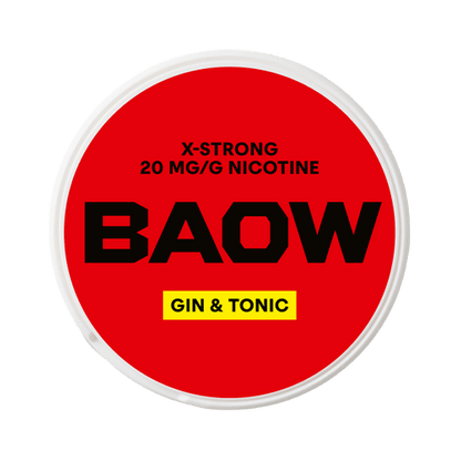 BAOW Gin & Tonic nicotine pouch can. White and green design, all white slim pouch with classic gin and tonic flavor. Refreshing and unique.
