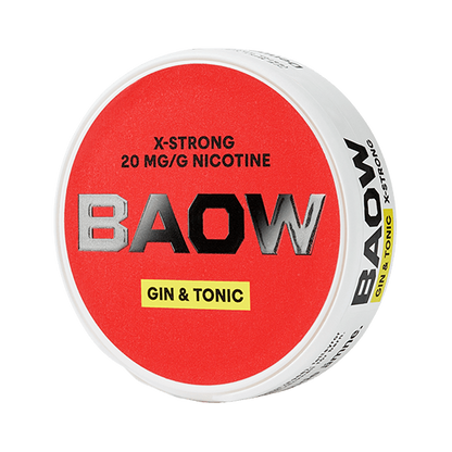 BAOW Gin & Tonic nicotine pouch can. White and green design, all white slim pouch with classic gin and tonic flavor. Refreshing and unique.