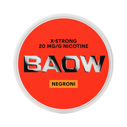 BAOW Negroni nicotine pouch can. Bold red design, all white slim pouch with cocktail-inspired Negroni flavor. Unique and modern.