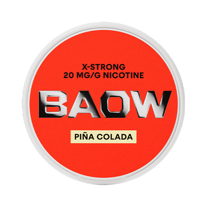 Close-up of BAOW Piña Colada all white nicotine pouch can. Slim format, piña colada taste, vibrant and modern packaging.