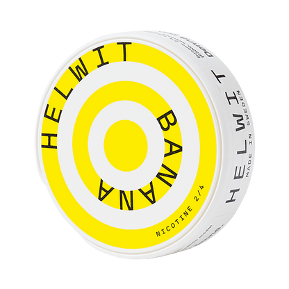 Helwit Banana Slim nicotine pouch can. Yellow and white design, all white slim pouch with sweet banana flavor. Fruity and fresh.