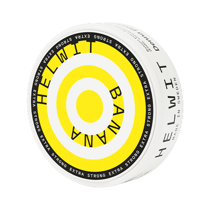 Helwit Banana Extra Strong nicotine pouch can. Yellow and white design, all white slim pouch with bold banana flavor. Extra strong strength.