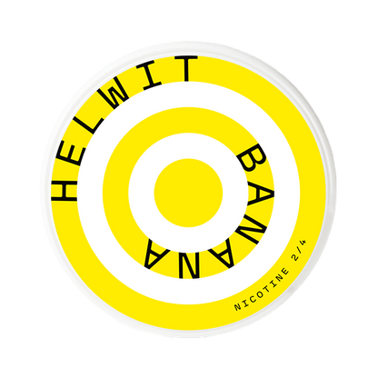 Helwit Banana Slim nicotine pouch can. Yellow and white design, all white slim pouch with sweet banana flavor. Fruity and fresh.