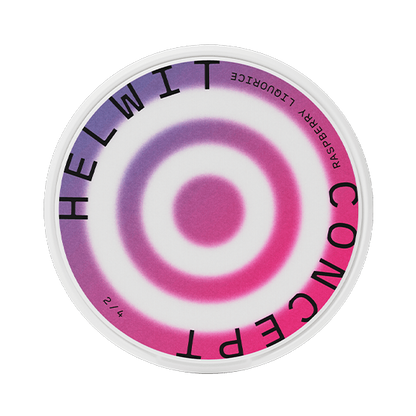 Close-up of Helwit Raspberry Liquorice Slim all white nicotine pouch can. Slim format, raspberry licorice taste, modern packaging.
