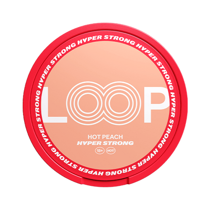 Close-up of Loop Hot Peach Hyper Strong all white nicotine pouch can. Orange packaging, hyper strong strength, bold hot peach taste.