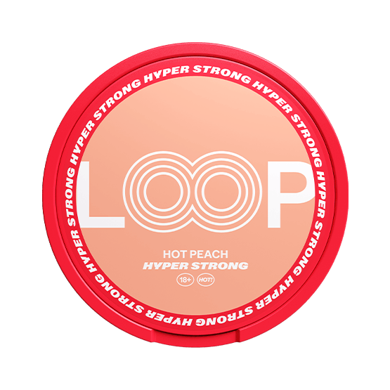 Close-up of Loop Hot Peach Hyper Strong all white nicotine pouch can. Orange packaging, hyper strong strength, bold hot peach taste.