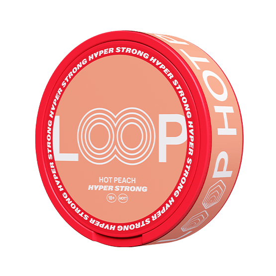 Close-up of Loop Hot Peach Hyper Strong all white nicotine pouch can. Orange packaging, hyper strong strength, bold hot peach taste.
