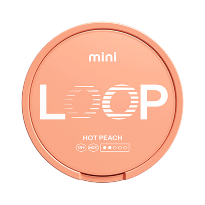 LOOP Hot Peach Mini nicotine pouch can. Orange circular design with LOOP logo, spicy peach flavor. All white, slim, mini size for discreet use.