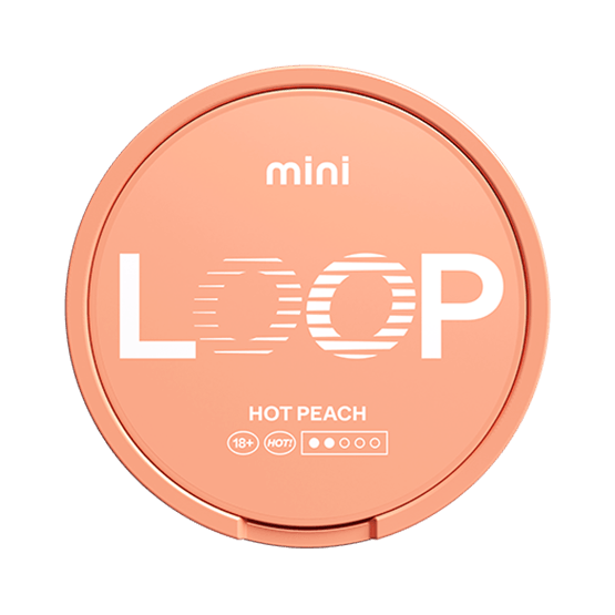 LOOP Hot Peach Mini nicotine pouch can. Orange circular design with LOOP logo, spicy peach flavor. All white, slim, mini size for discreet use.