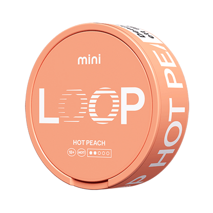 LOOP Hot Peach Mini nicotine pouch can. Orange circular design with LOOP logo, spicy peach flavor. All white, slim, mini size for discreet use.