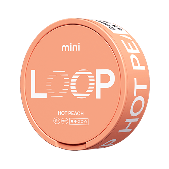 LOOP Hot Peach Mini nicotine pouch can. Orange circular design with LOOP logo, spicy peach flavor. All white, slim, mini size for discreet use.