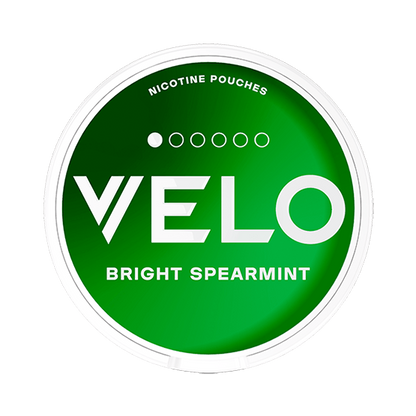 Velo Bright Spearmint Mini nicotine pouch can. Green and white design, all white mini pouch with bright spearmint flavor. Fresh and discreet.