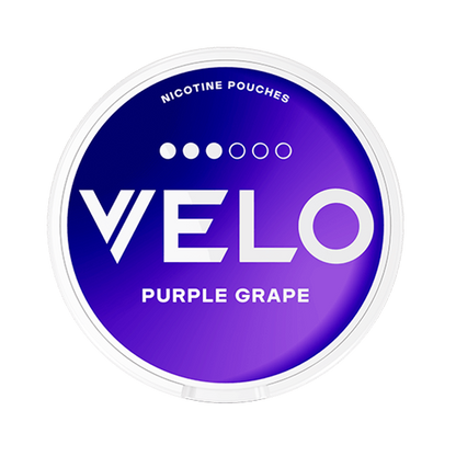 VELO Purple Grape nicotine pouch can. Purple and white design, all white slim pouch with sweet grape flavor. Fruity and refreshing.