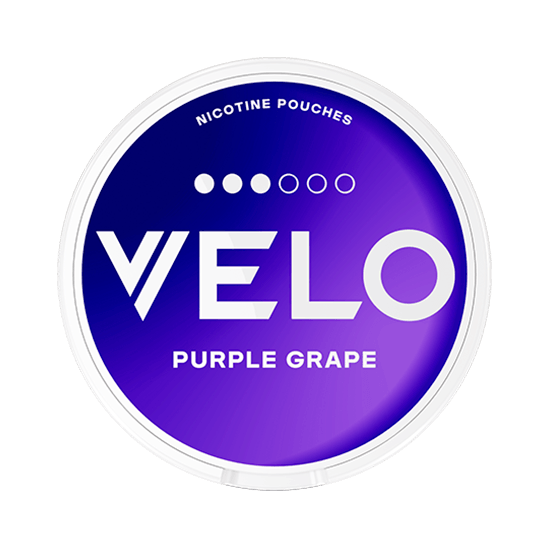 VELO Purple Grape nicotine pouch can. Purple and white design, all white slim pouch with sweet grape flavor. Fruity and refreshing.
