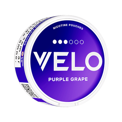 VELO Purple Grape nicotine pouch can. Purple and white design, all white slim pouch with sweet grape flavor. Fruity and refreshing.