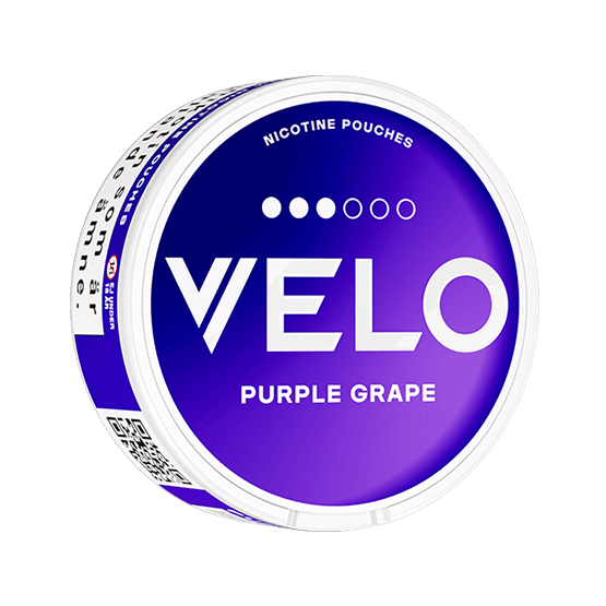 VELO Purple Grape nicotine pouch can. Purple and white design, all white slim pouch with sweet grape flavor. Fruity and refreshing.