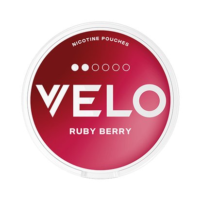 Velo Ruby Berry Slim nicotine pouch can. Red and white design, all white slim pouch with sweet berry flavor. Fruity and fresh.