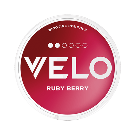 Velo Ruby Berry Slim nicotine pouch can. Red and white design, all white slim pouch with sweet berry flavor. Fruity and fresh.