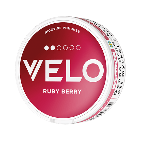 Velo Ruby Berry Slim nicotine pouch can. Red and white design, all white slim pouch with sweet berry flavor. Fruity and fresh.
