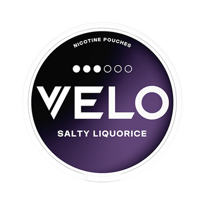 Close-up of Velo Salty Liquorice all white nicotine pouch can. Slim format, salty liquorice taste, modern packaging.