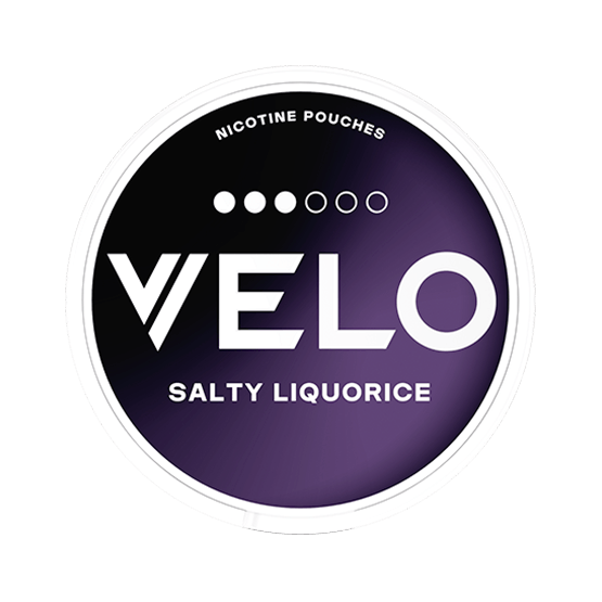 Close-up of Velo Salty Liquorice all white nicotine pouch can. Slim format, salty liquorice taste, modern packaging.