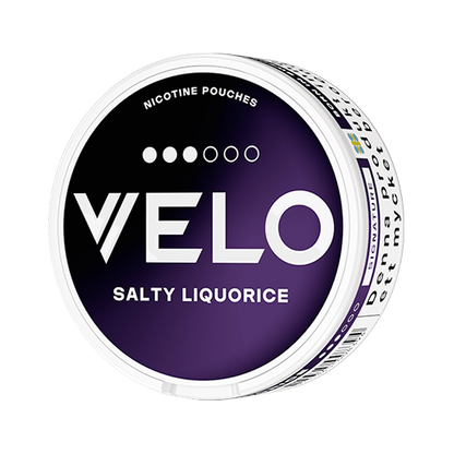 Close-up of Velo Salty Liquorice all white nicotine pouch can. Slim format, salty liquorice taste, modern packaging.