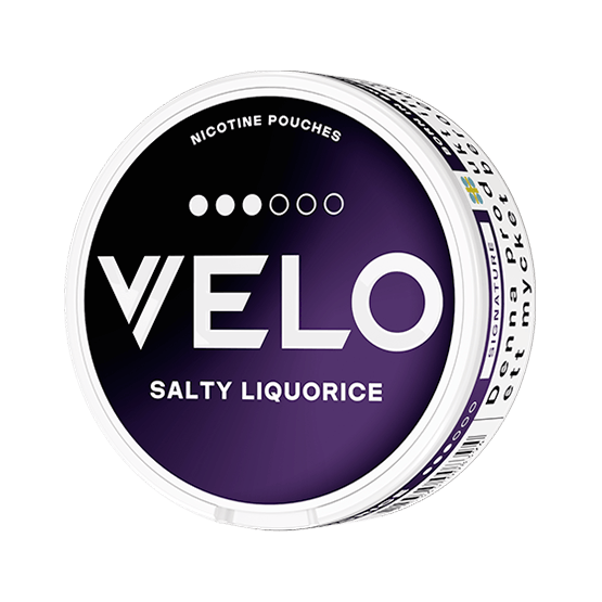 Close-up of Velo Salty Liquorice all white nicotine pouch can. Slim format, salty liquorice taste, modern packaging.